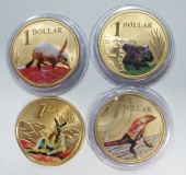 4x 1 Dollar Australia 2008 2009 goldfarben mit Farbapplikation