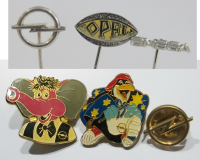 3 alte Nadeln Opel / Auge 125 Jahre / Omega + 3 Pins Elefant Pinguin Blitz