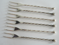 6 Cocktailspieße Piekser Bowlegabeln WMF versilbert gedrehter Stiel 11,3cm