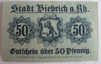 Altes Notgeld Biebrich Wiesbaden 50 Pfennig 1918 Gutschein