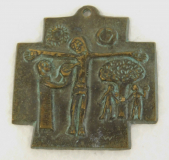 Bronze Kreuz Plakette Anhänger "Ich glaube" Kreuzigung Egino Weinert 6,2x5,8cm