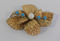 Brosche Blätter türkisf. Steine Kunstperle Amerikaner MP Moser & Pfeil 4,7x3,4cm