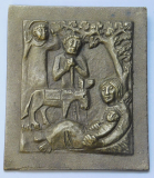 Kleine Bronze Plakette Relief Heilige Familie Heiland Flucht Egino Weinert 6x5cm