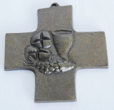 Kleines Bronze Kreuz Relief Kelch Brot Fisch 8,8x8,7cm