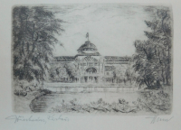 Kleine original Radierung Wiesbaden Kurhaus signiert 19,5x14,5 / 8,5x5,5cm
