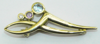 Stylische Brosche Gold 333 Amethyst Steine geschwungen 4,2x1,4cm