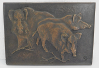 Bronze Relief Plakette Wildschweine Richard Niescher 11,8x8,3cm Jagd Jäger
