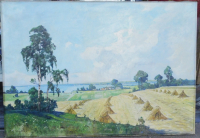 Großes altes Ölgemälde Landschaft Strohgarben signiert