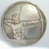 Große alte Medaille Bogenschütze Eichenlaub Medailleur Fraisse versilbert Ø5cm