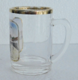 Altes Andenken Glas / kl. Humpen Bad Nauheim Badehäuser u. Sprudel Email 7,3cm