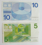 2 Banknoten Niederlande: 5 Gulden 1973 - 10 Gulden 1968