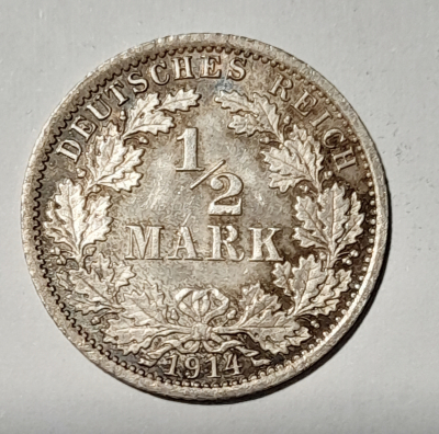 1/2 Mark Deutsches Reich 1914 A Silber 900 2,7g Ø2cm
