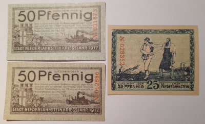 Altes Notgeld Gutschein 25 Pfennig + 2x 50 Pfennig Niederlahnstein 1917
