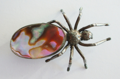 Ausgefallene Brosche Spinne Silber 925 mit Perlmutt Einlage 4,5x2,8cm 7,2g