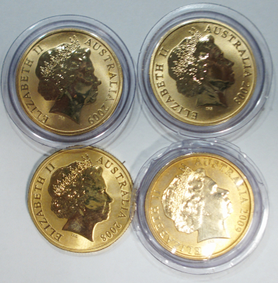 4x 1 Dollar Australia 2008 2009 goldfarben mit Farbapplikation