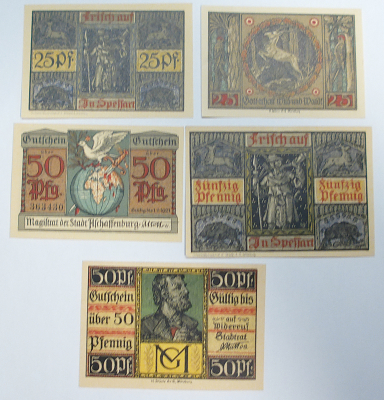 5x Notgeld Aschaffenburg Bayern 2x 25 Pfennig 3x 50 Pfennig 1920 1921