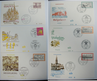 6x Ersttagsbrief Heidelberg Rüdesheim Mainz Helgoland München Hamburg