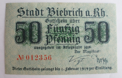 Altes Notgeld Biebrich Wiesbaden 50 Pfennig 1918 Gutschein