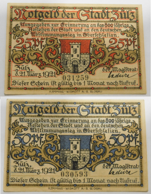 Altes Notgeld 25 + 50 Pfennig Stadt Zülz Ober Schlesien 1921