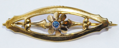 Elegante Jugendstil Brosche vergoldet Blüte blaues Steinchen (N)