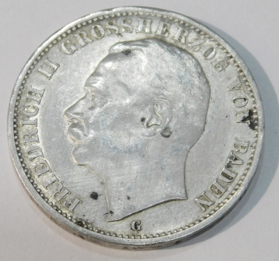 3 Mark Deutsches Reich Baden 1914 G Friedrich II. Silber 900 Ø3,3cm