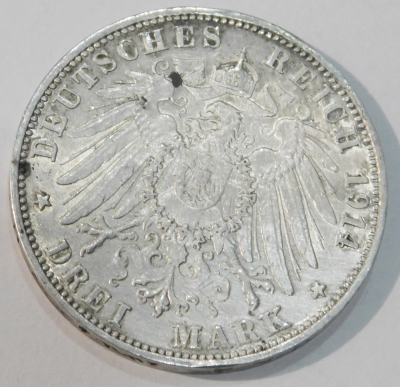 3 Mark Deutsches Reich Baden 1914 G Friedrich II. Silber 900 Ø3,3cm