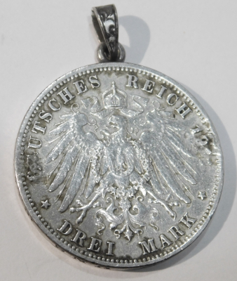 Münzanhänger 3 Mark Deutsches Reich Württemberg Silber als Anhänger Ø3,3cm 17,1g