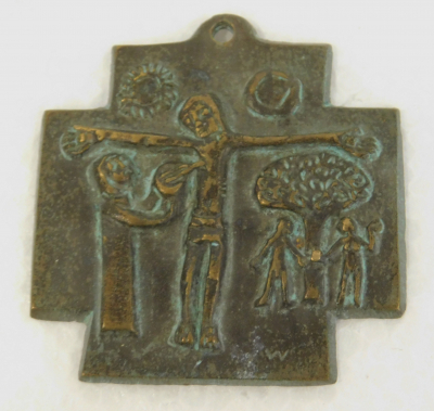 Bronze Kreuz Plakette Anhänger "Ich glaube" Kreuzigung Egino Weinert 6,2x5,8cm