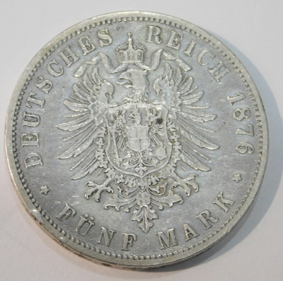 5 Mark Deutsches Reich Preussen 1876 B Wilhelm Silber 900 27,4 g Ø3,8cm