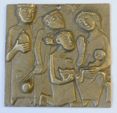 Kleine Bronze Plakette Relief Heilige 3 Könige Gott suchen Egino Weinert 5x5cm