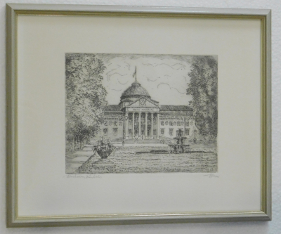 Original Radierung Wiesbaden Kurhaus signiert G63 31,7x25,7 / 18,4x14cm