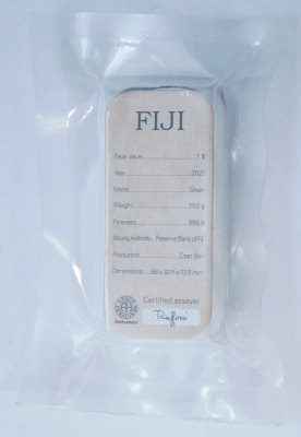 Silberbarren 250 g Feinsilber 999,9 - 1 $ Fiji 2021 Argor Heraeus eingeschweißt