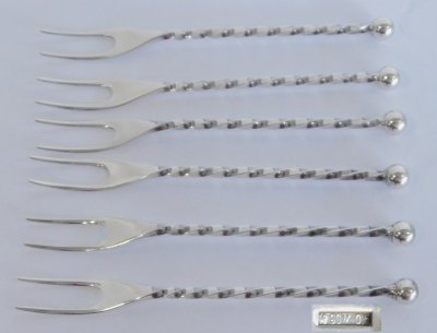 6 Cocktailspieße Piekser Bowlegabeln WMF versilbert gedrehter Stiel 11,3cm