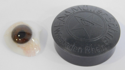 Altes Glasauge Augenprothese braun Optiker + Dose F. Ad. Müller Wiesbaden #e