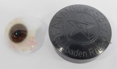 Altes Glasauge Augenprothese braun Optiker + Dose F. Ad. Müller Wiesbaden #f
