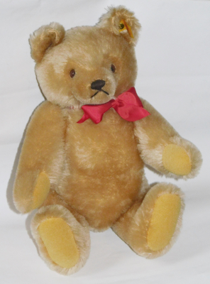 Original Steiff Teddy Bär Nr. 001253 Knopf Fähnchen Schleife Brummstimme 32cm (N)