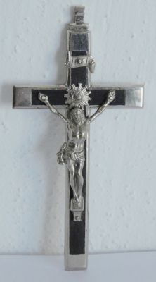 Altes kleines Brustkreuz Sterbekreuz Feldkreuz Inri Jesus plastisch 8,5x4,5cm