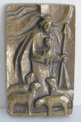 Bronze Relief Hirte mit Schafen 13,5x8,5cm