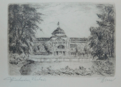 Kleine original Radierung Wiesbaden Kurhaus signiert 19,5x14,5 / 8,5x5,5cm