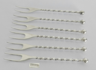 6 Cocktailspieße Piekser Bowlegabeln WMF versilbert gedrehter Stiel 11,2cm