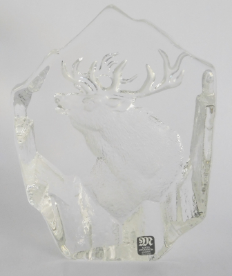 Glasblock Kristall mit Hirsch Mats Jonasson Schweden signiert 16x12x4cm