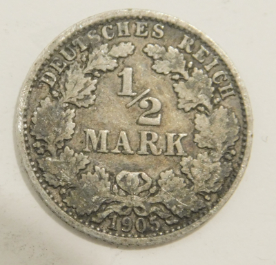 1/2 Mark Deutsches Reich 1905 A Silber 900 2,7g Ø2cm