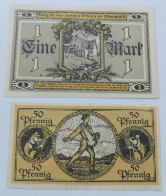 Altes Notgeld 50 Pfennig + 1 Mark Erbach im Odenwald 1918