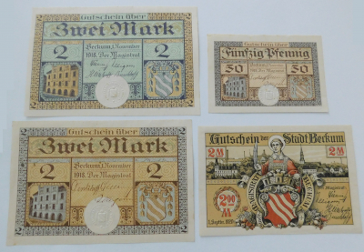 Altes Notgeld Beckum 2x 2 Mark + 50 Pfennig 1918 + 2 Mark 1920