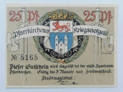 Altes Notgeld Pfarrkirchen a. Rott. 25 Pfennig Kriegsnotgeld
