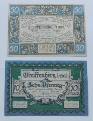 Altes Notgeld 10+ 50 Pfennig Greiffenberg Burg Greiffenstein Schlesien 1920