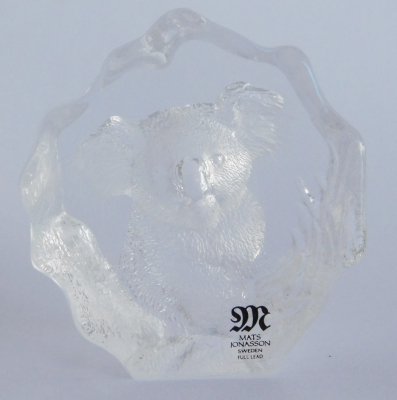 Kleiner Glasblock mit Koala Skulptur Mats Jonasson Schweden sign. 5,6x5,6x2cm