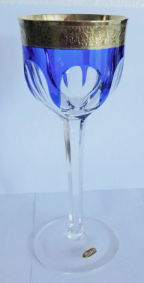 Edles Weinglas Moser blau Papstschliff breiter Goldrand mit Muster 19,7cm #b