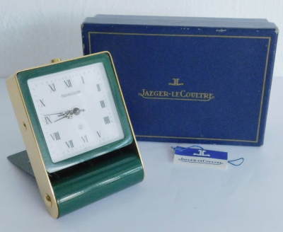 Vintage Reisewecker Tischuhr Jaeger LeCoultre 2 Tageswerk grün-goldf.