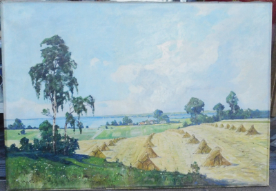 Großes altes Ölgemälde Landschaft Strohgarben signiert